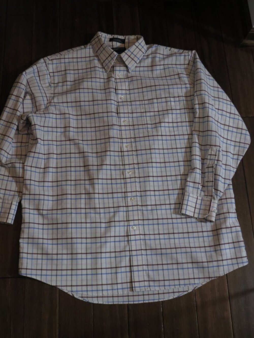 Stafford Oxford Shirt 17.5/34-35 Button Down Long Sleeve Shirt Plaid White Blue
